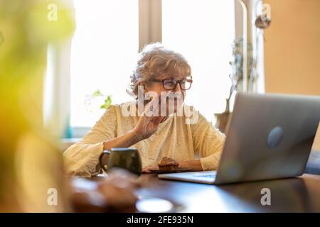Felice donna senior utilizzando portatile a casa Foto Stock