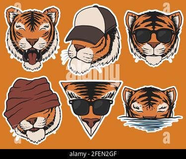 Moda Tiger testa adesivi illustrazione vettoriale Illustrazione Vettoriale