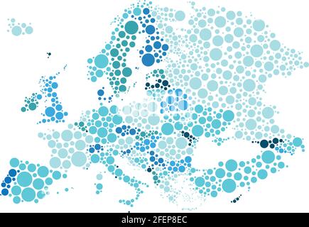 Illustrazione vettoriale della mappa politica dell'Europa disegnata con diverse dimensioni e toni di punti blu. Illustrazione Vettoriale