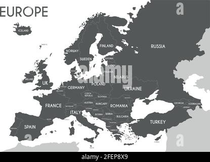 Mappa politica dell'Europa in grigio con sfondo bianco e nomi dei paesi in inglese. Illustrazione vettoriale Illustrazione Vettoriale