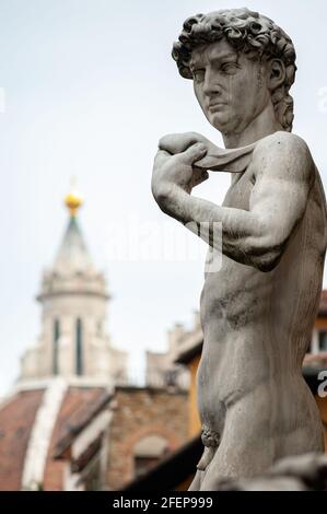 Copia del David di Michelangelo, all'ingresso di Palazzo Vecchio. Cupola del Brunelleschi sullo sfondo Foto Stock