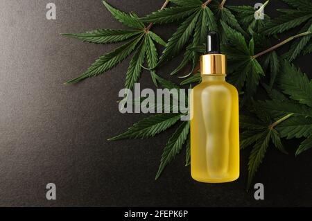 Estratto di marijuana in cosmetologia. Foglie di cannabis, olio del cbd, cosmetici organici isolati su sfondo nero. Vista dall'alto, disposizione piatta. Rilassamento della canapa, pati Foto Stock