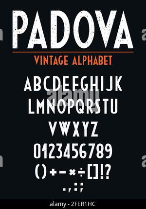 Alfabeto retro vintage con lettere, numeri e segni ortografici Illustrazione Vettoriale