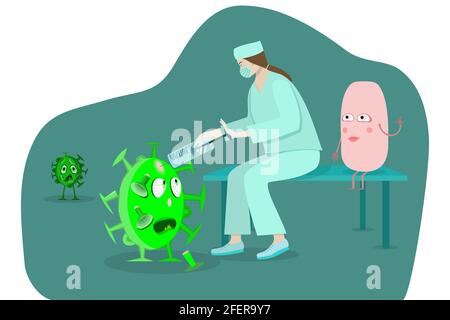 Un operatore sanitario inietta un vaccino contro il coronavirus, un virus pericoloso si trasforma in un batterio utile Illustrazione Vettoriale