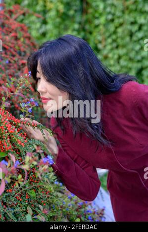 Bella donna cinese con lunghi capelli neri in una soleggiata giornata autunnale in città. Foto Stock