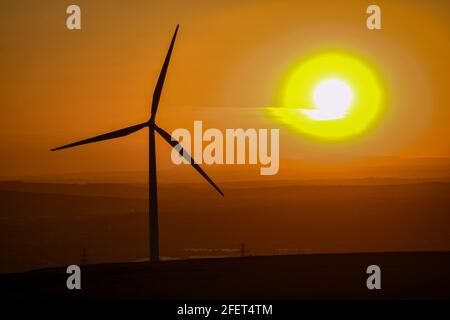 Un alone appare intorno al sole mentre si tramonta dietro le nuvole di cirrus vicino a Swansea, Galles. Il raro effetto è causato da uno strato sottile della nuvola, che è costituito da cristalli di ghiaccio, che si muove attraverso il cielo, e ha portato una fine magica alla "Giornata della Terra", che è stata celebrata in tutto il mondo per dimostrare il supporto ambientale per la protezione dell'ambiente. Foto Stock