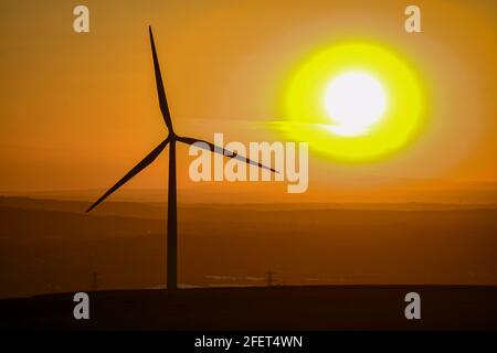 Un alone appare intorno al sole mentre si tramonta dietro le nuvole di cirrus vicino a Swansea, Galles. Il raro effetto è causato da uno strato sottile della nuvola, che è costituito da cristalli di ghiaccio, che si muove attraverso il cielo, e ha portato una fine magica alla "Giornata della Terra", che è stata celebrata in tutto il mondo per dimostrare il supporto ambientale per la protezione dell'ambiente. Foto Stock