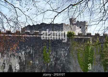 Vista attraverso gli alberi della cima del castello di Cardiff tenere da fuori le mura del castello in Bute Park, Cardiff, Galles Foto Stock