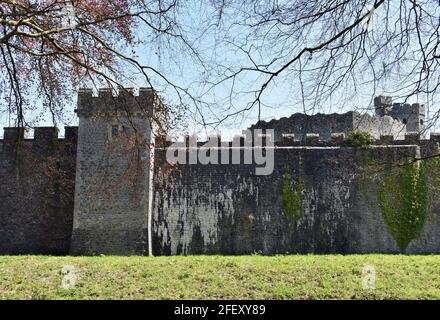 Vista attraverso gli alberi della cima del castello di Cardiff tenere da fuori le mura del castello in Bute Park, Cardiff, Galles Foto Stock