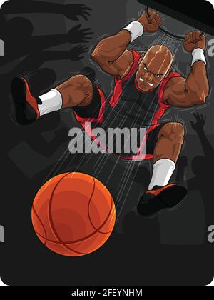Giocatore di basket facendo Slam Dunk Cartoon Illustrazione Vector disegno Illustrazione Vettoriale