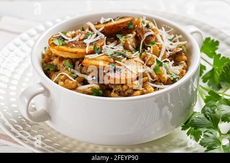 classico risotto cremoso ai funghi cosparso di parmigiano grattugiato e prezzemolo in una ciotola bianca, primo piano, cucina italiana Foto Stock