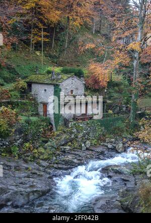 Bella casa di pietra all'inizio di un boschetto su un flusso Foto Stock