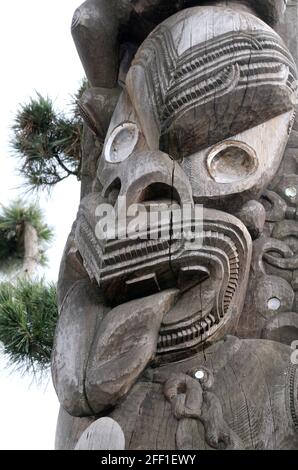 Tane Hiira Pou Karanga - te Awhio Whio - lo spirito di accoglienza del suono sopra Tane Hiira, il re della foresta di cedri - Carver: Tupari Tewhata (Maori) Foto Stock