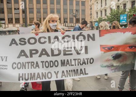 Madrid, Spagna. 24 Apr 2021. Protesta convocata dalla Free Fox Association contro la sperimentazione animale. L'associazione per i diritti degli animali Free Fox si è concentrata contro la sperimentazione animale in Plaza de Jacinto Benavente a Madrid. (Foto di Alberto Sibaja/Pacific Press) Credit: Pacific Press Media Production Corp./Alamy Live News Foto Stock