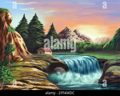 Cascata in un paesaggio immaginario al tramonto. Illustrazione digitale originale. Foto Stock