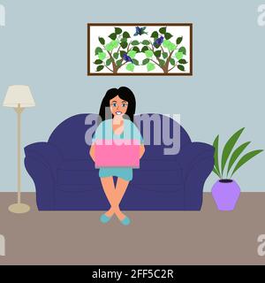 Ragazza freelance che lavora a casa con il suo laptop. Illustrazione Vettoriale