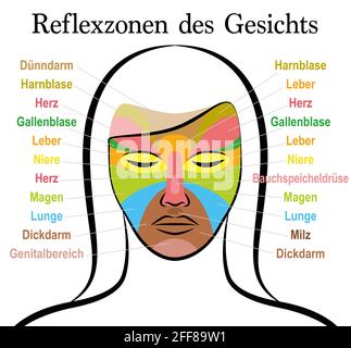 Grafico di riflessologia facciale, testo tedesco, volto femminile. Trattamento di salute di acupressure e fisioterapia. Mappa di massaggio zona con aree e nomi colorati. Foto Stock