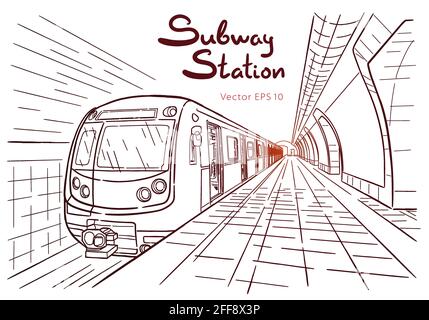 Disegnato a mano la linea di inchiostro disegna la stazione della metropolitana e dalla stazione ferroviaria in stile contorno vista prospettica. Illustrazione Vettoriale