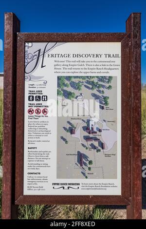 Mappa delle strutture all'inizio del Heritage Discovery Trail all'Empire Ranch e Las Cienegas National Conservation Area in Arizona, USA Foto Stock