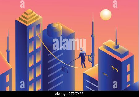 Crescita della carriera di Businesman. Camminando tra gli edifici. Illustrazione vettoriale isometrica piatta. Per carte, stampa, design, adesivi, abbigliamento, t shir Foto Stock