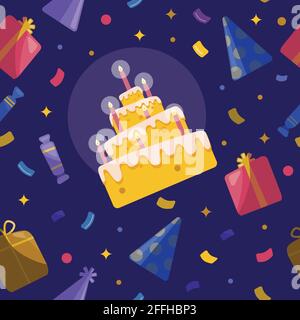 Modello piatto senza cuciture. Torta con candele, regali e confetti. Illustrazione vettoriale. Concetto di festa di compleanno. Per la stampa, il disegno, l'arredamento, le schede, io Illustrazione Vettoriale