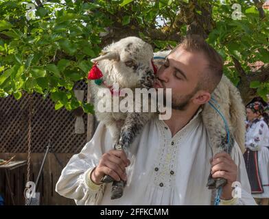 Salaj, Transilvania, Romania-14 maggio 2018: Giovane in costume tradizionale rumeno folk tenendo e baciando un agnello in una fiera di campagna a Marin villag Foto Stock