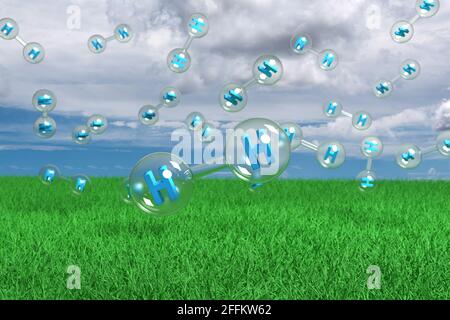 Molecole di idrogeno galleggianti nell'aria sull'erba con un cielo blu con nuvole bianche sullo sfondo. illustrazione 3d. Foto Stock