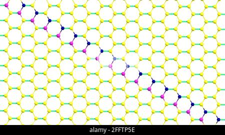 Il grafene è un allotrope di carbonio costituito da un singolo strato di atomi disposti in un reticolo a nido d'ape bidimensionale. illustrazione 3d Foto Stock