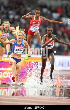 Celliphine Chepteek Chespol (Kemya), Emma Coburn (USA). 3000 metri steeplechase donne. Campionato del mondo di atletica IAAF. Londra 2017 Foto Stock