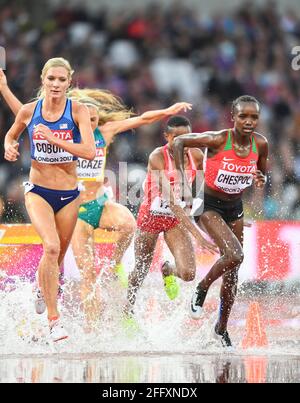 Celliphine Chepteek Chespol (Kemya), Emma Coburn (USA). 3000 metri steeplechase donne. Campionato del mondo di atletica IAAF. Londra 2017 Foto Stock