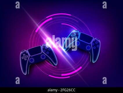 Controller di gioco al neon o joystick per console di gioco. Illustrazione Vettoriale