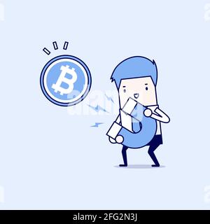 Uomo d'affari attrae bitcoin con un grande magnete. Vettore stile linea sottile carattere cartoon. Illustrazione Vettoriale