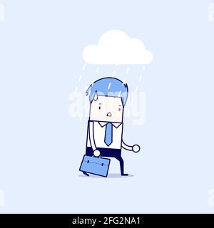 Uomo d'affari depresso che cammina sotto la pioggia. Vettore stile linea sottile carattere cartoon. Illustrazione Vettoriale
