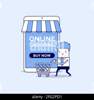 Uomo d'affari con carrello di shopping di fronte al negozio online. Vettore stile linea sottile carattere cartoon. Illustrazione Vettoriale