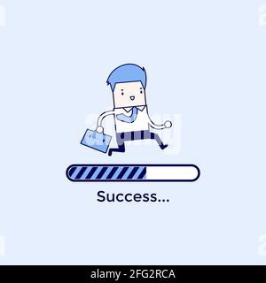 Businessman eseguire sulla barra di caricamento di avanzamento, concetto di successo. Vettore stile linea sottile carattere cartoon. Illustrazione Vettoriale