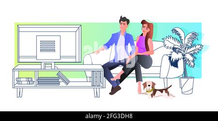 coppia seduta sul divano e guardando la tv uomo donna spendere tempo insieme soggiorno interno Illustrazione Vettoriale