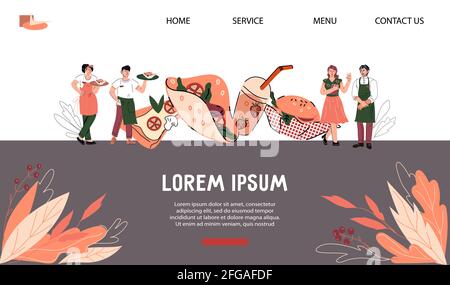 Modello di pagina del sito Web per il ristorante o il bar per la consegna di cibo con cartoni animati di cuochi e camerieri, illustrazione vettoriale. Banner Web con restaura Illustrazione Vettoriale