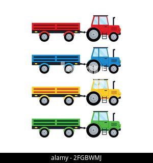 Trattore agricolo e set di rimorchi aperti isolati su sfondo bianco. Illustrazione Vettoriale