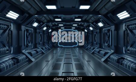Fantascienza fiction interior room fantascienza corridoi navali blu, 3D rendering Foto Stock