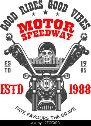 Autodromo. Emblema modello con scheletro su moto d'epoca. Elemento di design per logo, etichetta, segno, emblema, poster. Illustrazione vettoriale Illustrazione Vettoriale