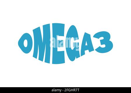 Parola Omega 3 in una forma di pesce. Concetto di benefici per la salute dell'olio di pesce. Testo in forma di pesce. Acidi grassi Omega−3. EPA, DHA integratori alimentari. Cibo di mare Illustrazione Vettoriale