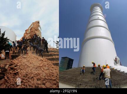 Kathmandu, Bagmati, Nepal. 25 Apr 2021. L'immagine combinata mostra i soccorritori alla ricerca di vite nella torre di Dharahara collassata il 25 aprile 2015 (L) e i lavoratori lavorano alla nuova torre di Dharahara il 25 aprile 2021 (R) a Kathmandu, Nepal. Il Nepal di domenica ha segnato il sesto anniversario di un devastante terremoto che ha ucciso quasi 9,000 persone e lasciato milioni di senzatetto. Credit: Sunil Sharma/ZUMA Wire/Alamy Live News Foto Stock