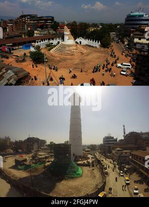 Kathmandu, Bagmati, Nepal. 25 Apr 2021. L'immagine combinata mostra la torre in rovina Dharahara (in alto) e la torre Dharahara (in basso) di recente costruzione a Kathmandu, Nepal, il 25 aprile 2021. Il Nepal di domenica ha segnato il sesto anniversario di un devastante terremoto che ha ucciso quasi 9,000 persone e lasciato milioni di senzatetto. Credit: Sunil Sharma/ZUMA Wire/Alamy Live News Foto Stock