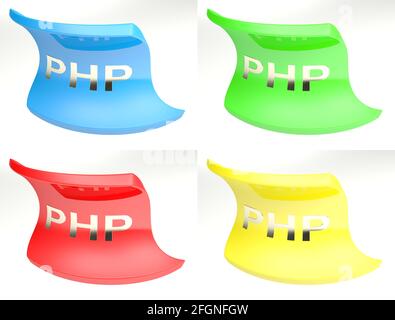 Set colorato di quattro icone per PHP, isolato su sfondo bianco - rappresentazione grafica 3D Foto Stock
