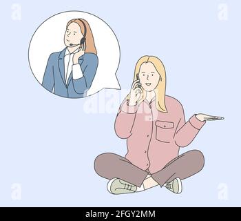 Assistenza clienti, call center, concetto di operatore telefonico. Donna conversazione mobile con supporto giovane donna operatore consulente con cuffia. Illustrazione Vettoriale