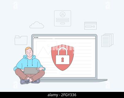 Violazione dei dati, concetto di prevenzione delle perdite di dati. Sicurezza digitale personale. Difesa, protezione da hacker, truffatori. Illustrazione vettoriale piatta Illustrazione Vettoriale