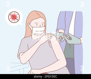 Immunità salute. Immunizzazione di persone, vaccino covid. Un medico in una clinica che dà un vaccino del coronavirus ad una donna. Illustrazione vettoriale piatta Illustrazione Vettoriale