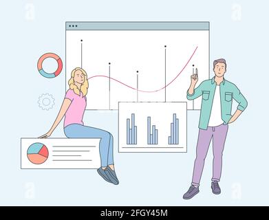 Concetto di analisi dei dati. Persone partner aziendali lavoratori che analizzano i dati finanziari e le statistiche delle informazioni di marketing. Illustrazione vettoriale piatta Illustrazione Vettoriale