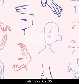 Grafica vettoriale motivo senza cuciture con volti e mani in colori pastello. Per stampa, carta da parati, carta da imballaggio, tessuto Illustrazione Vettoriale