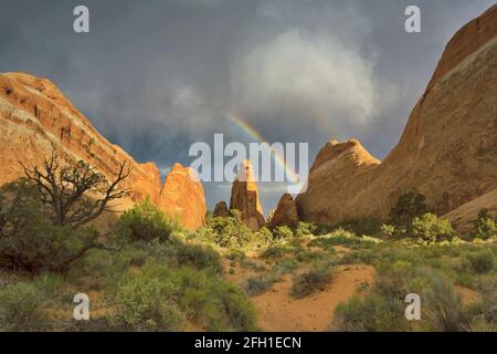 Il bellissimo arcobaleno si illumina sulle formazioni rocciose del Devil's Garden nell'Arches National Park nello Utah, Stati Uniti Foto Stock